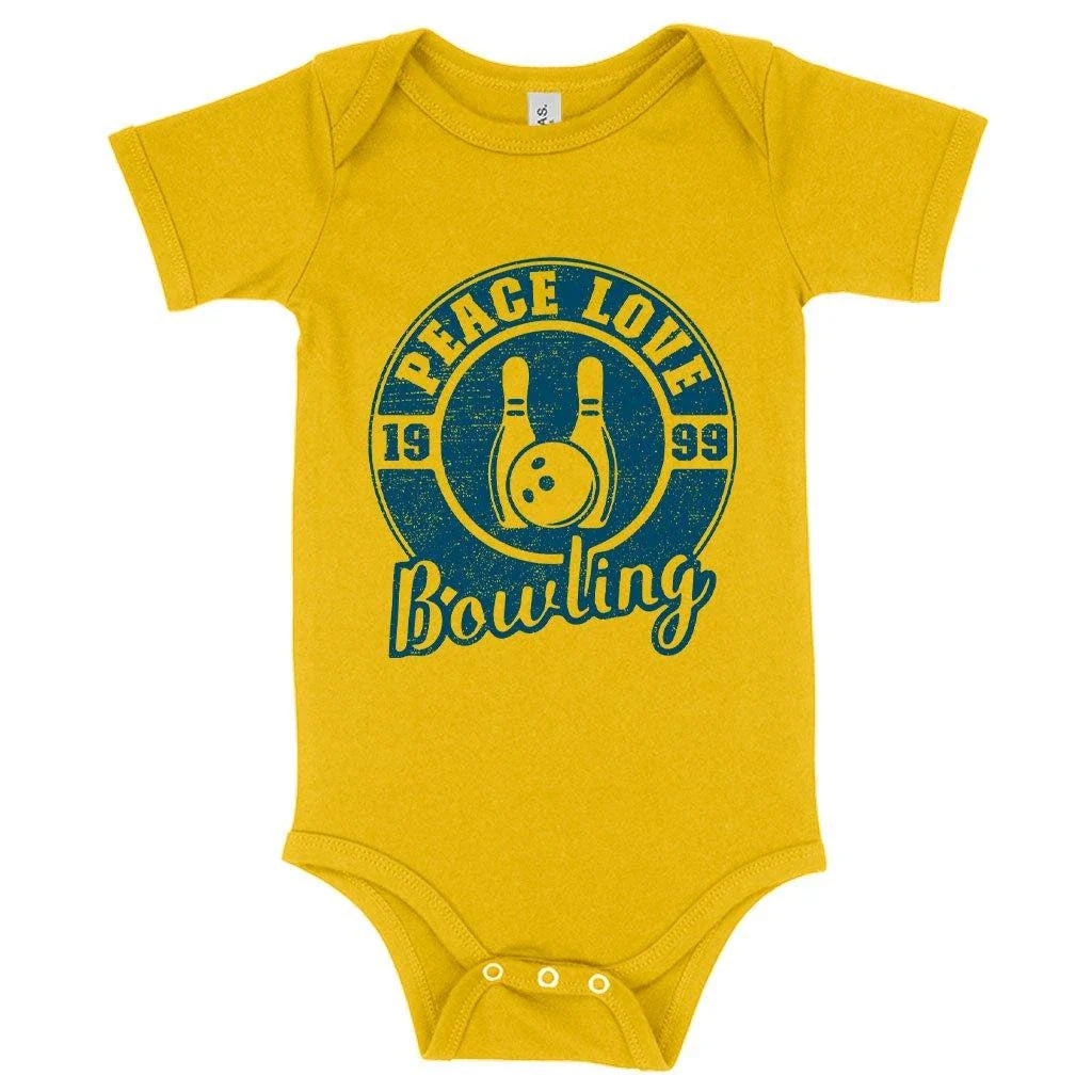 A soft, cozy baby onesie with a unique bowling-themed design, made with premium Airlume cotton for maximum comfort