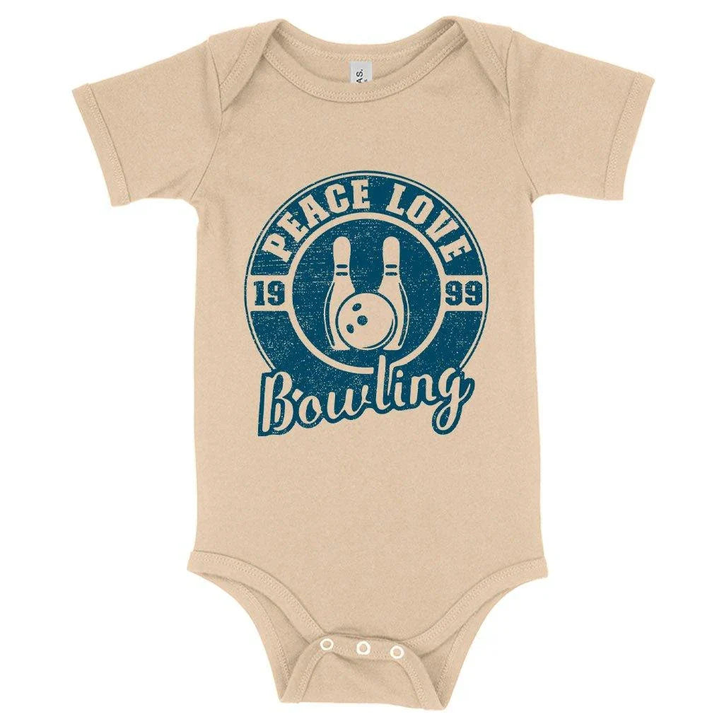 A soft, cozy baby onesie with a unique bowling-themed design, made with premium Airlume cotton for maximum comfort