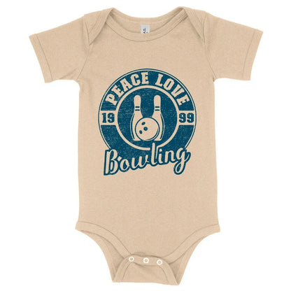 A soft, cozy baby onesie with a unique bowling-themed design, made with premium Airlume cotton for maximum comfort