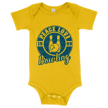 A soft, cozy baby onesie with a unique bowling-themed design, made with premium Airlume cotton for maximum comfort