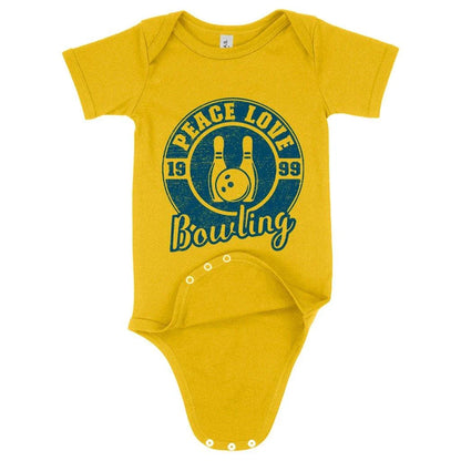 A soft, cozy baby onesie with a unique bowling-themed design, made with premium Airlume cotton for maximum comfort