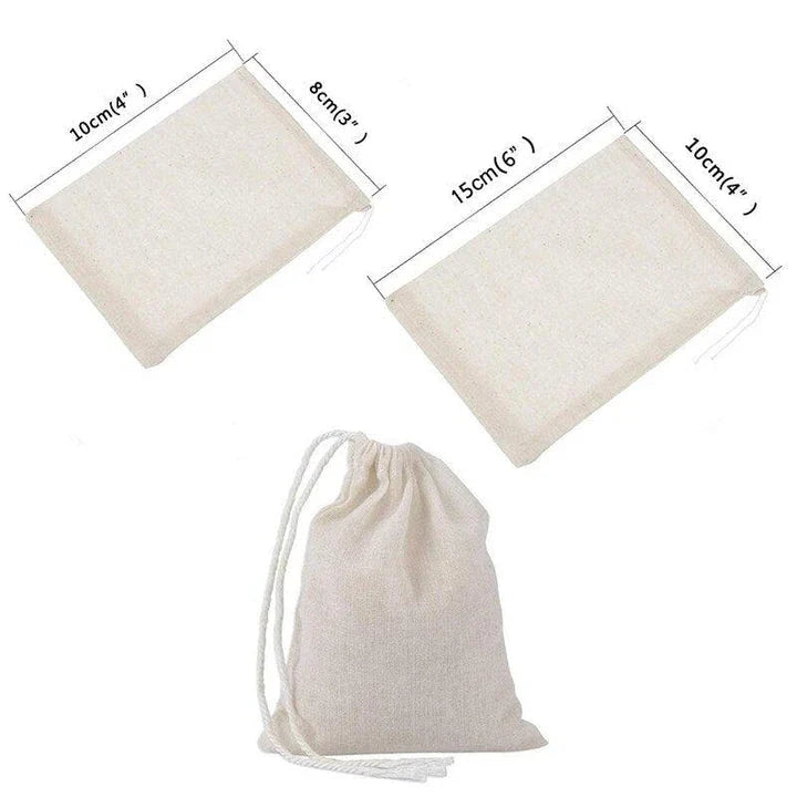 Cotton storage bags in various sizes for organizing kitchen, desk, and closet items