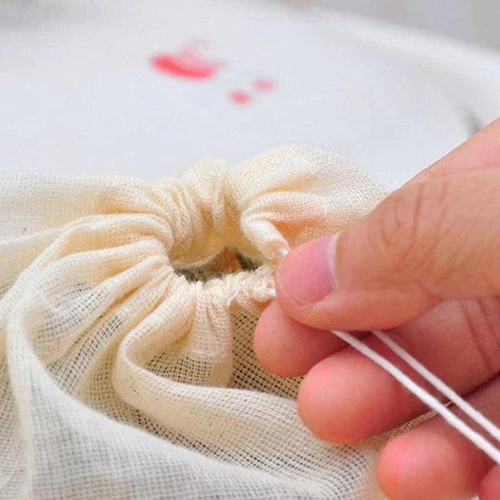 Cotton storage bags in various sizes for organizing kitchen, desk, and closet items