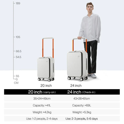Luxury wide handle polycarbonate suitcase with front laptop pocket, available in red color and two size options.