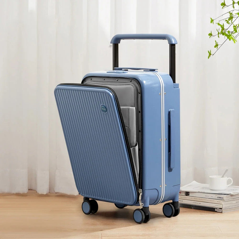 Luxury wide handle polycarbonate suitcase with front laptop pocket, available in red color and two size options.