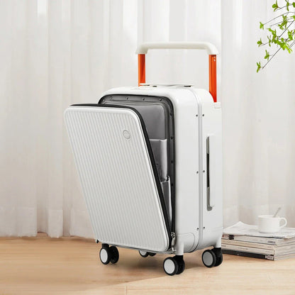 Luxury wide handle polycarbonate suitcase with front laptop pocket, available in red color and two size options.