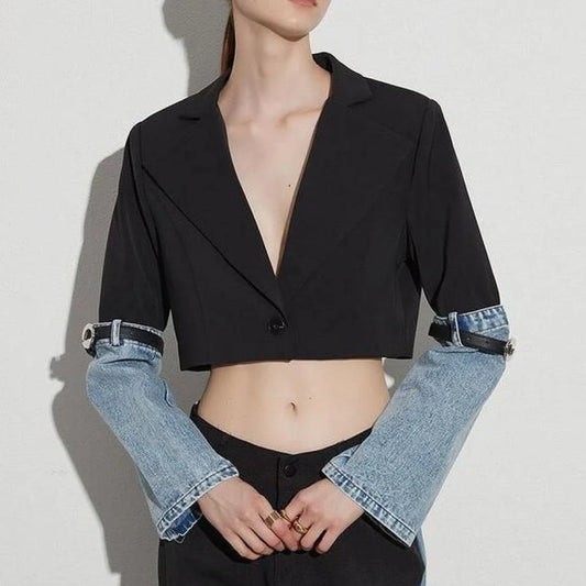 Colorblock patchwork denim short coat with full-length sleeves and single-button closure for a stylish, versatile look.