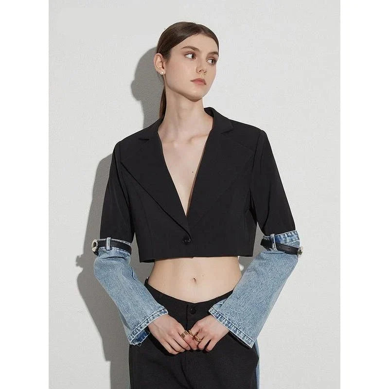 Colorblock patchwork denim short coat with full-length sleeves and single-button closure for a stylish, versatile look.