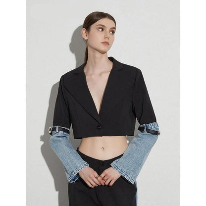 Colorblock patchwork denim short coat with full-length sleeves and single-button closure for a stylish, versatile look.