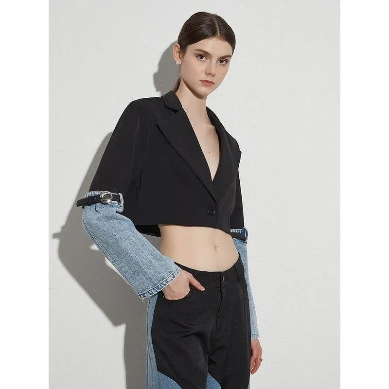 Colorblock patchwork denim short coat with full-length sleeves and single-button closure for a stylish, versatile look.