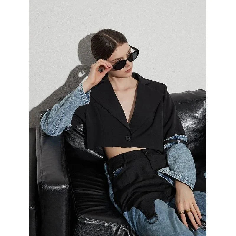 Colorblock patchwork denim short coat with full-length sleeves and single-button closure for a stylish, versatile look.