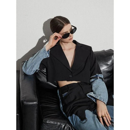 Colorblock patchwork denim short coat with full-length sleeves and single-button closure for a stylish, versatile look.