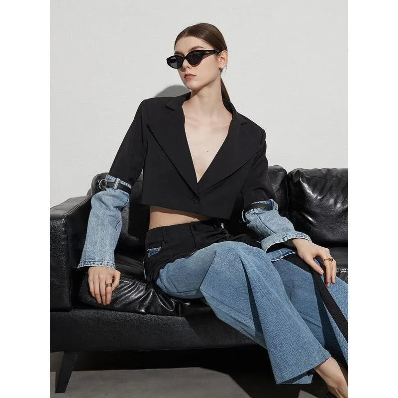 Colorblock patchwork denim short coat with full-length sleeves and single-button closure for a stylish, versatile look.