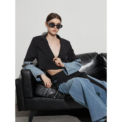 Colorblock patchwork denim short coat with full-length sleeves and single-button closure for a stylish, versatile look.