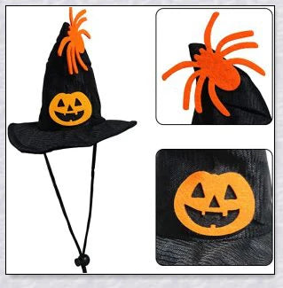 Adorable Halloween cat costume with pumpkin and spider pattern, featuring an adjustable collar and hat