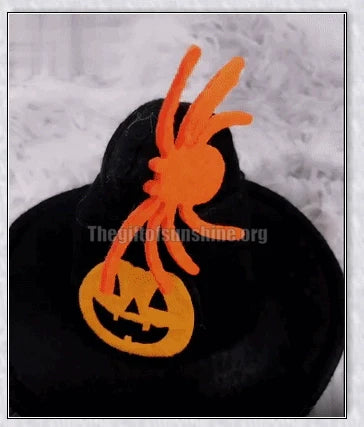 Adorable Halloween cat costume with pumpkin and spider pattern, featuring an adjustable collar and hat