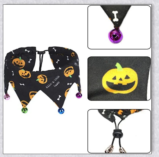 Adorable Halloween cat costume with pumpkin and spider pattern, featuring an adjustable collar and hat
