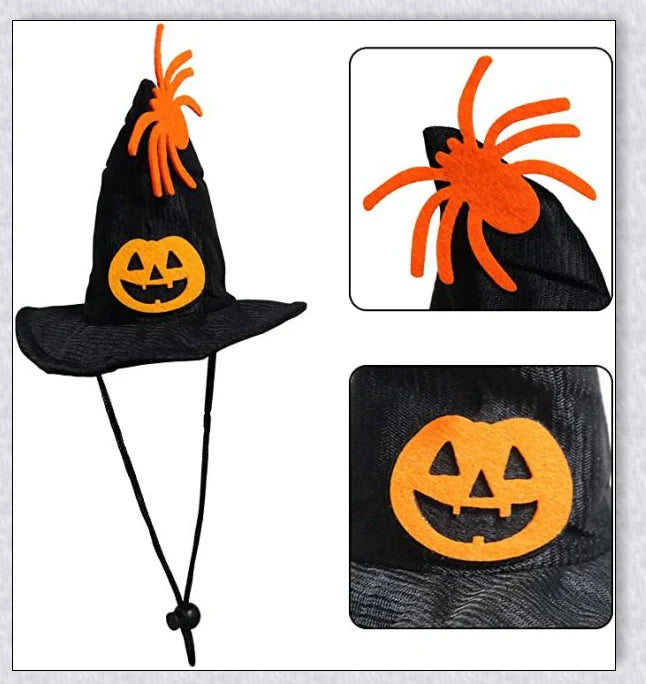 Adorable Halloween cat costume with pumpkin and spider pattern, featuring an adjustable collar and hat