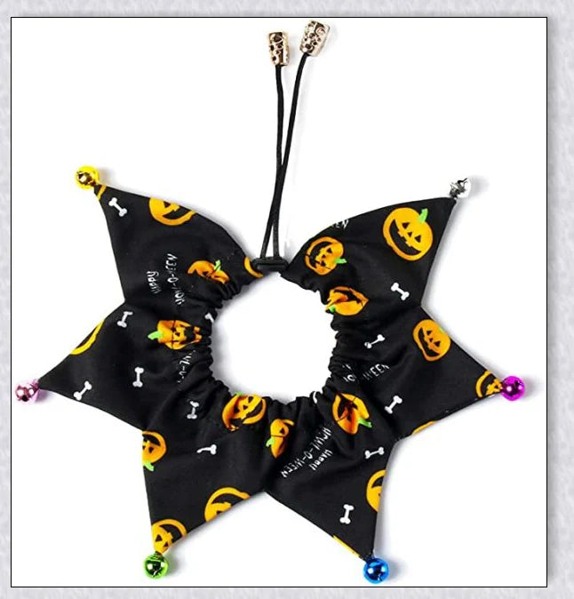 Adorable Halloween cat costume with pumpkin and spider pattern, featuring an adjustable collar and hat