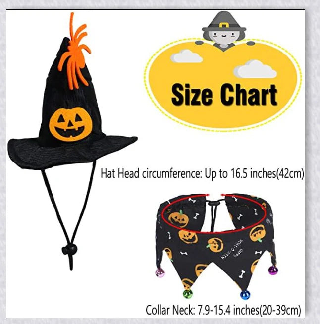 Adorable Halloween cat costume with pumpkin and spider pattern, featuring an adjustable collar and hat