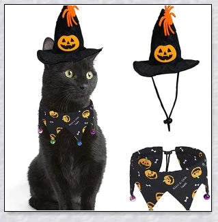 Adorable Halloween cat costume with pumpkin and spider pattern, featuring an adjustable collar and hat