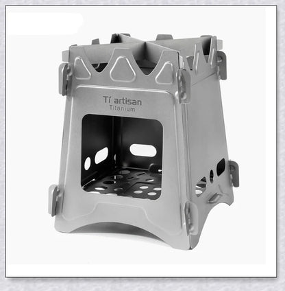 Portable titanium camping stove with folding design and open flame for cooking with natural fuels in the outdoors