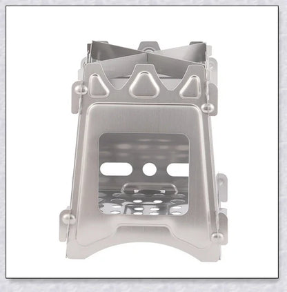 Portable titanium camping stove with folding design and open flame for cooking with natural fuels in the outdoors