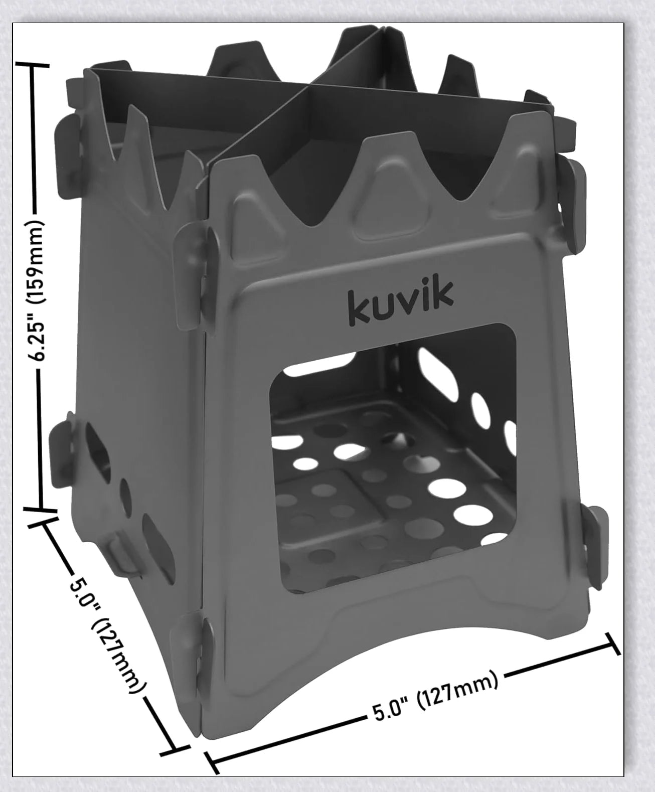 Portable titanium camping stove with folding design and open flame for cooking with natural fuels in the outdoors