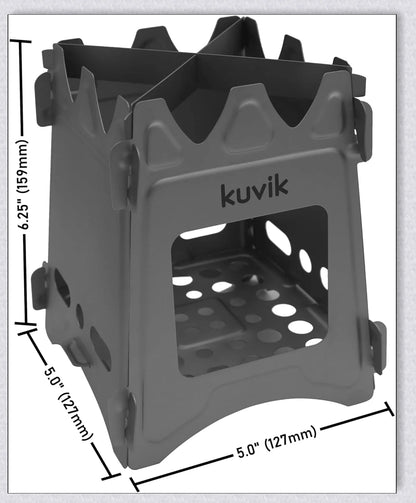Portable titanium camping stove with folding design and open flame for cooking with natural fuels in the outdoors