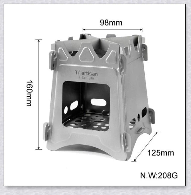 Portable titanium camping stove with folding design and open flame for cooking with natural fuels in the outdoors