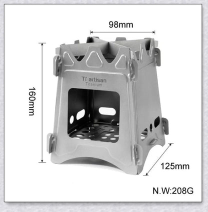 Portable titanium camping stove with folding design and open flame for cooking with natural fuels in the outdoors