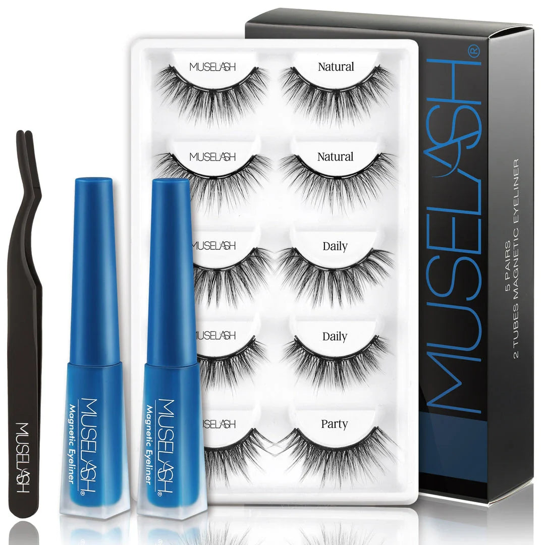Magnetic false eyelash set with liquid eyeliner in black, featuring 5 pairs of premium lashes for transformative eye looks