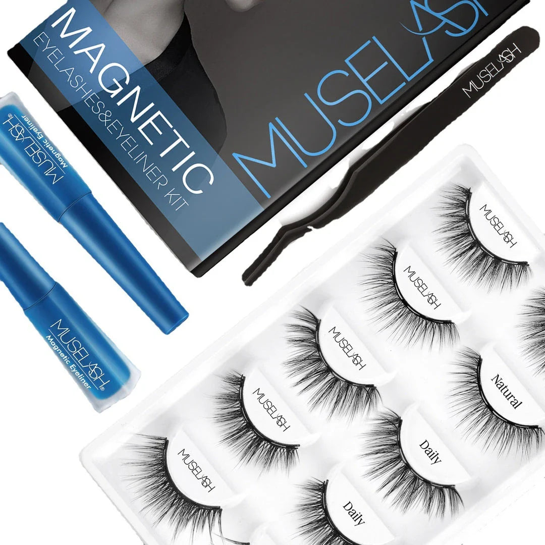 Magnetic false eyelash set with liquid eyeliner in black, featuring 5 pairs of premium lashes for transformative eye looks