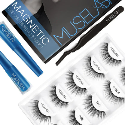 Magnetic false eyelash set with liquid eyeliner in black, featuring 5 pairs of premium lashes for transformative eye looks