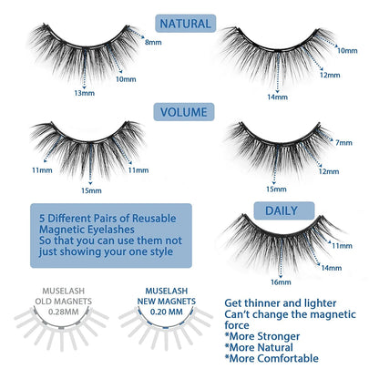 Magnetic false eyelash set with liquid eyeliner in black, featuring 5 pairs of premium lashes for transformative eye looks