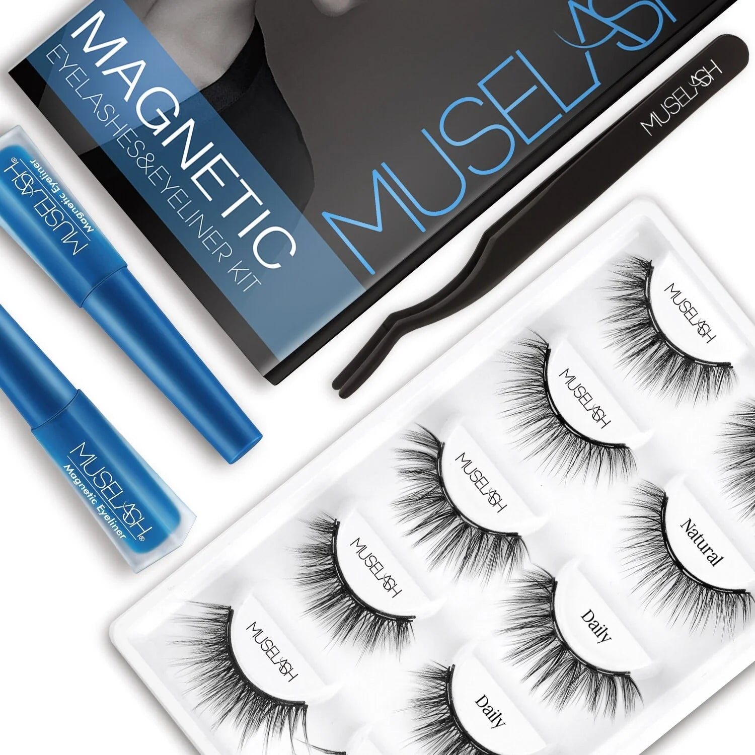 Magnetic false eyelash set with liquid eyeliner in black, featuring 5 pairs of premium lashes for transformative eye looks