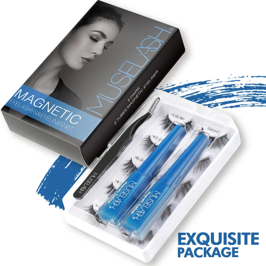 Magnetic false eyelash set with liquid eyeliner in black, featuring 5 pairs of premium lashes for transformative eye looks