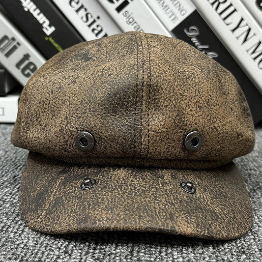 Cowhide leather painter cap with dome crown design, perfect for autumn and winter weather