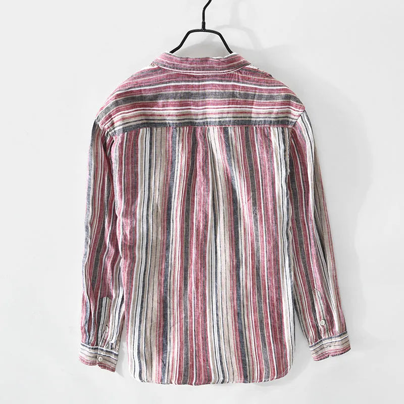 Men's striped linen shirt in red and grey colours with long sleeves and loose fit