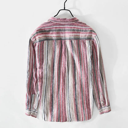 Men's striped linen shirt in red and grey colours with long sleeves and loose fit