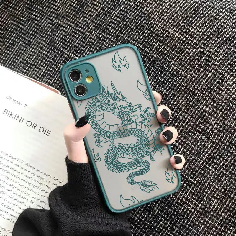 Frosted iPhone case with dragon line art in black, showing Chinese-style painted design and TPU PC back cover.