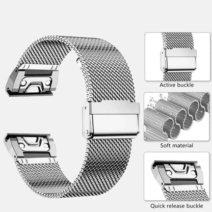 Stainless steel card strap for Garmin Fenix watch showing integrated card slot and buckle closure