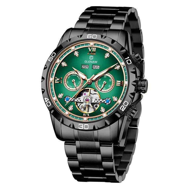Men's automatic mechanical watch with stainless steel strap and mineral glass face in business style