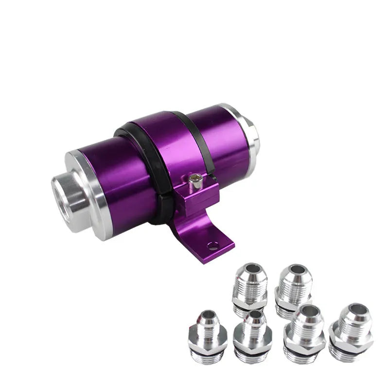 Aluminium petrol filter bracket in choice of six colours: black, silver, blue, red, gold, purple.