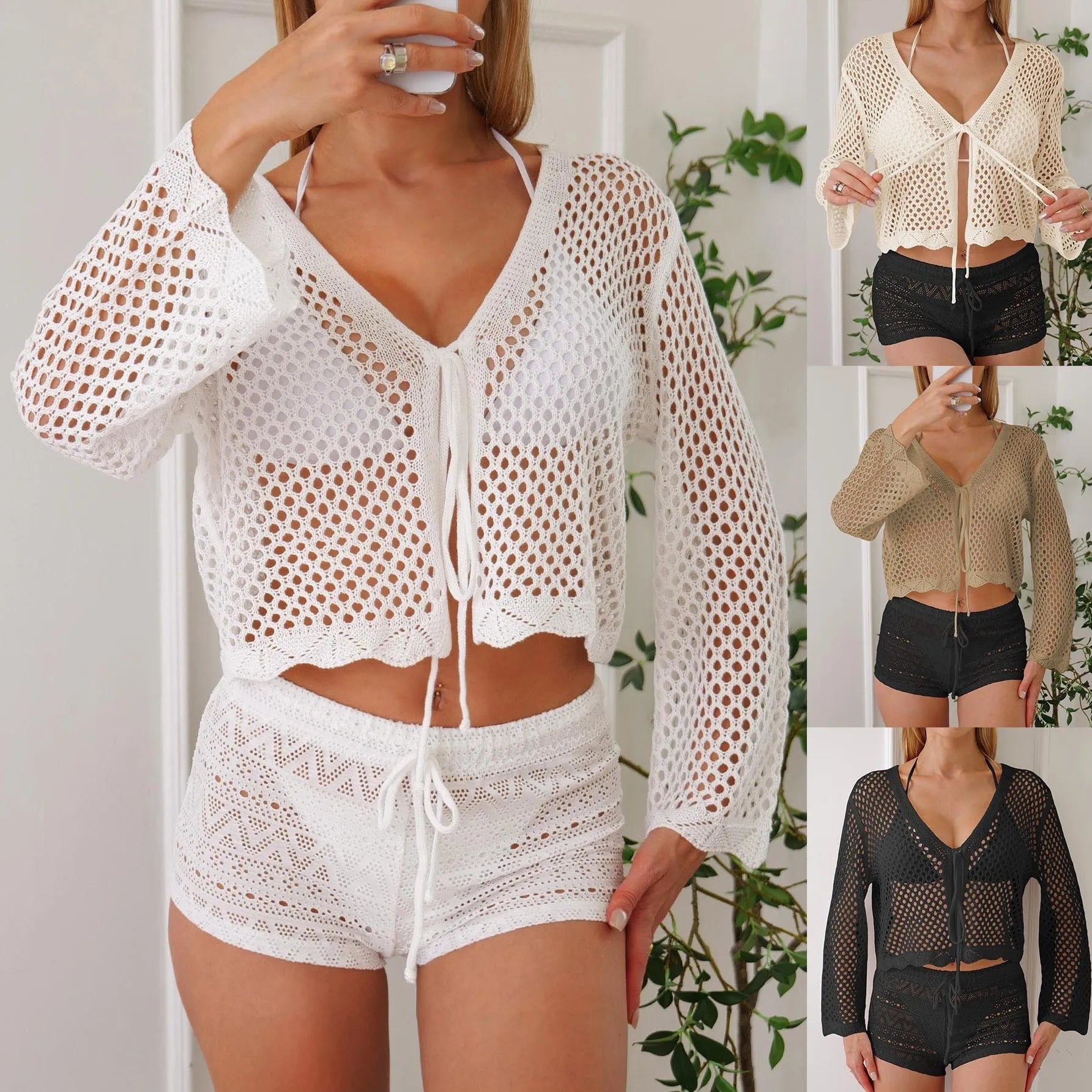 Women's hollow woven cardigan blouse with bell sleeves in apricot colour, showing textured fabric and nine-quarter sleeve length