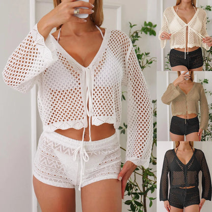 Women's hollow woven cardigan blouse with bell sleeves in apricot colour, showing textured fabric and nine-quarter sleeve length