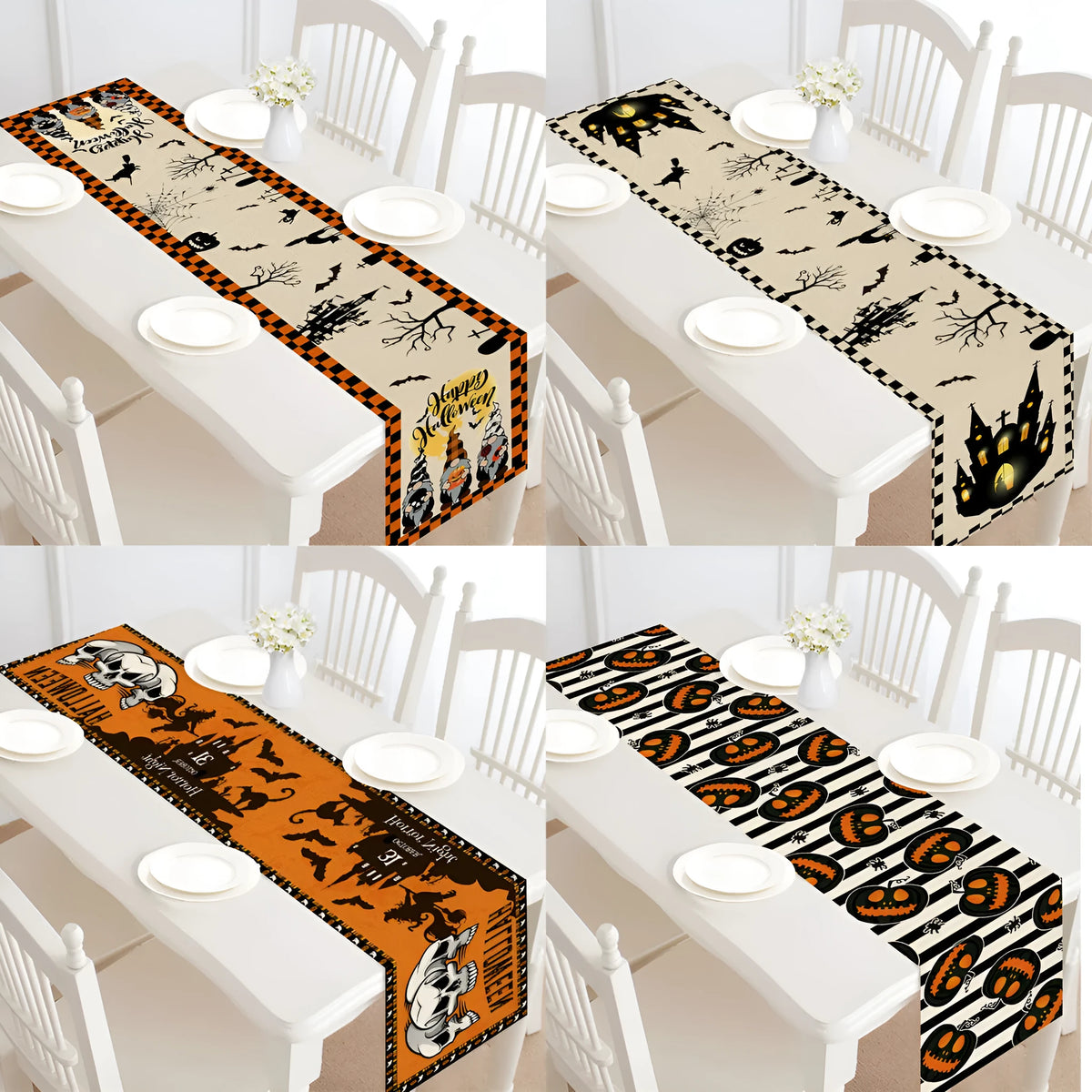 Halloween table runner, single-sided linen and polyester table bunting, 30x182cm, seven styles