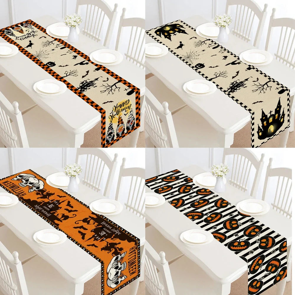 Halloween table runner with digital printed designs measuring 30cm by 182cm on polyester linen material