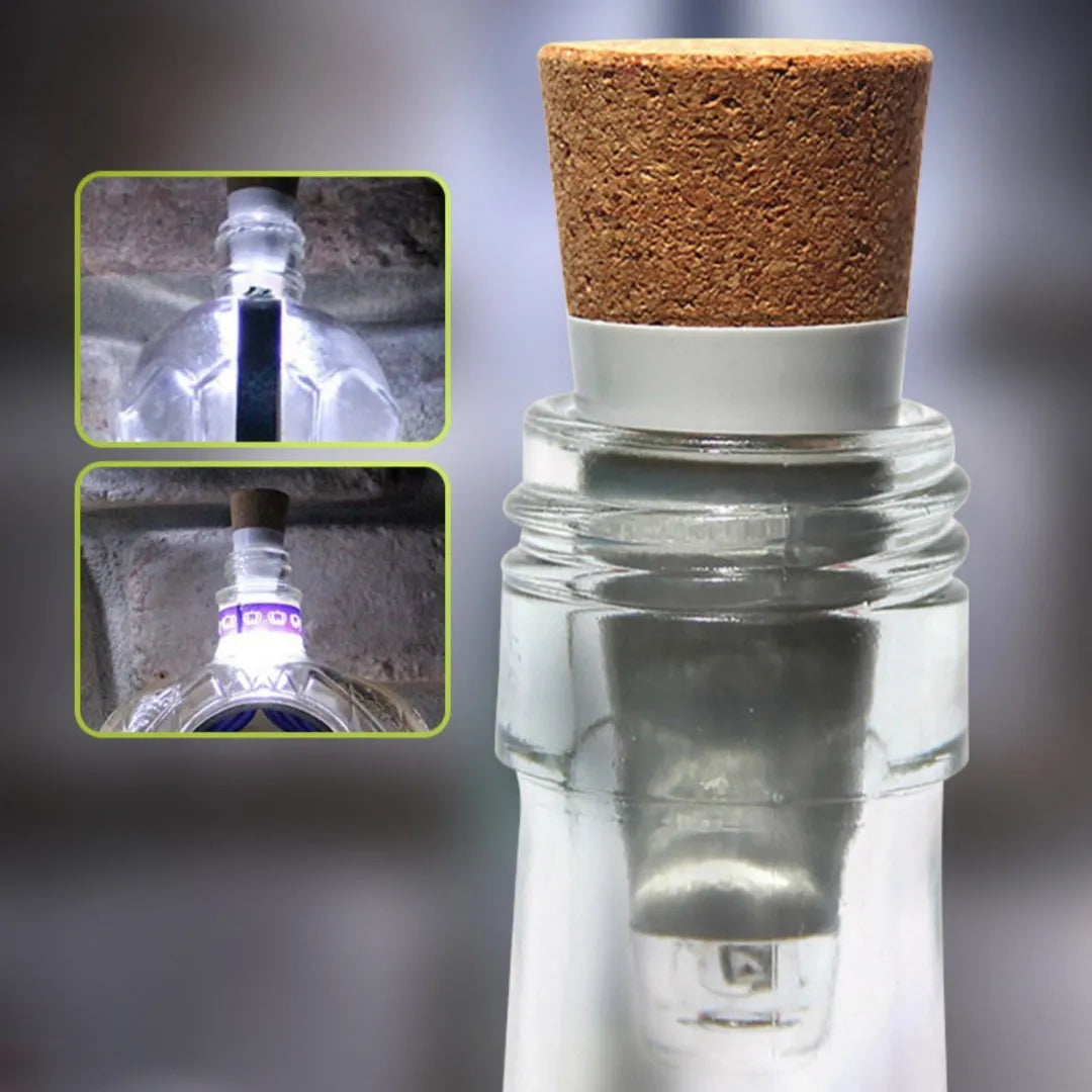 LED rechargeable luminous bottle cap cork light showing 15 LED beads and plastic shell measuring 30mm by 73mm