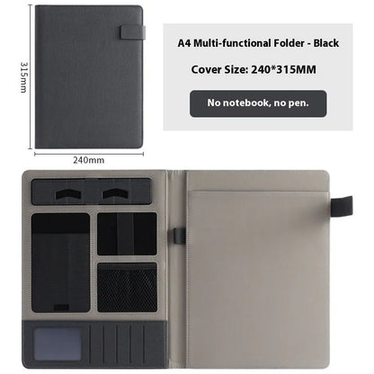 Leather A4 business folder showing 35mm thickness and 325x250mm dimensions with optional pen and notepad accessories